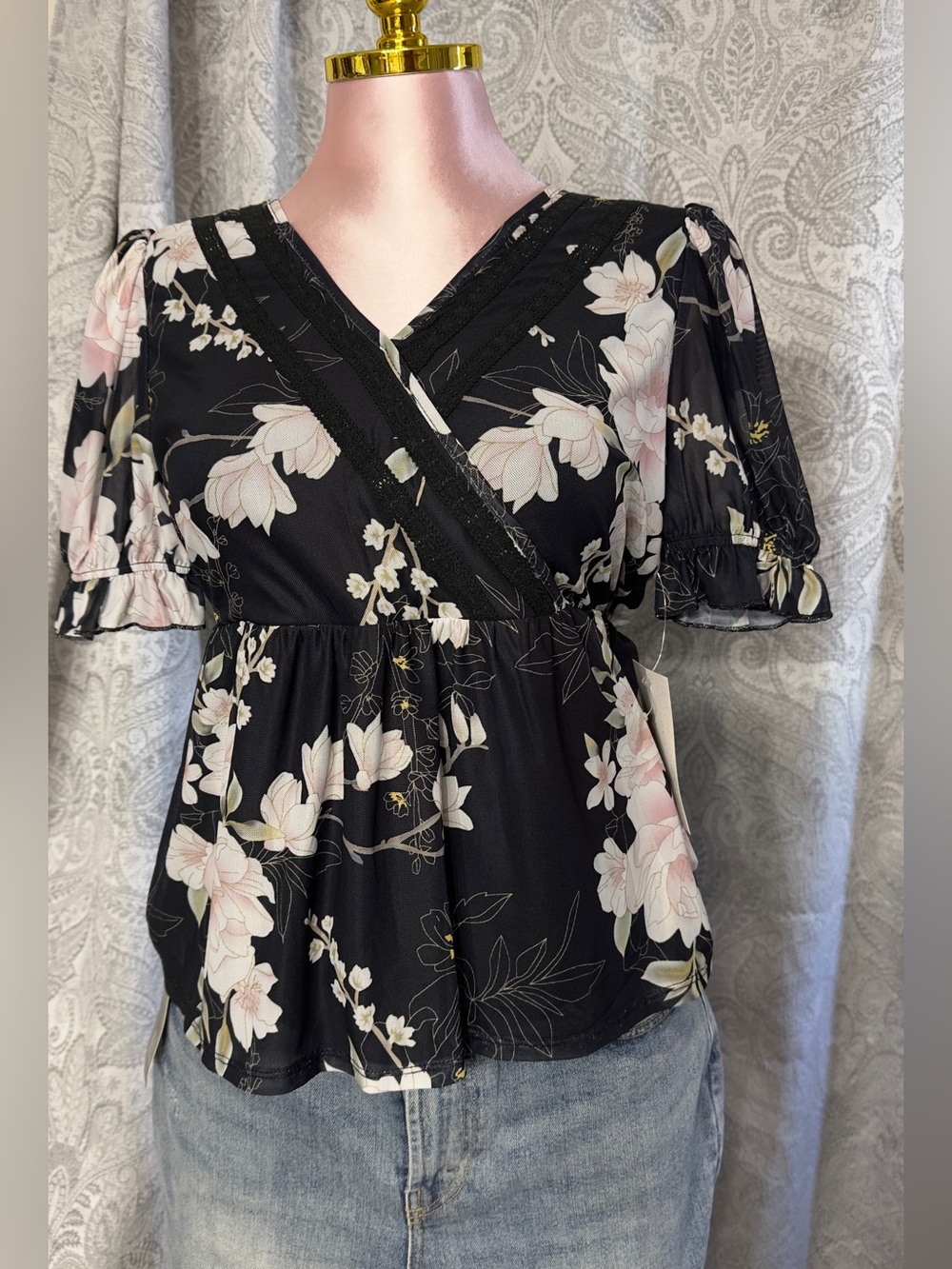 Floral Wrap-Front Blouse in Black and Pink